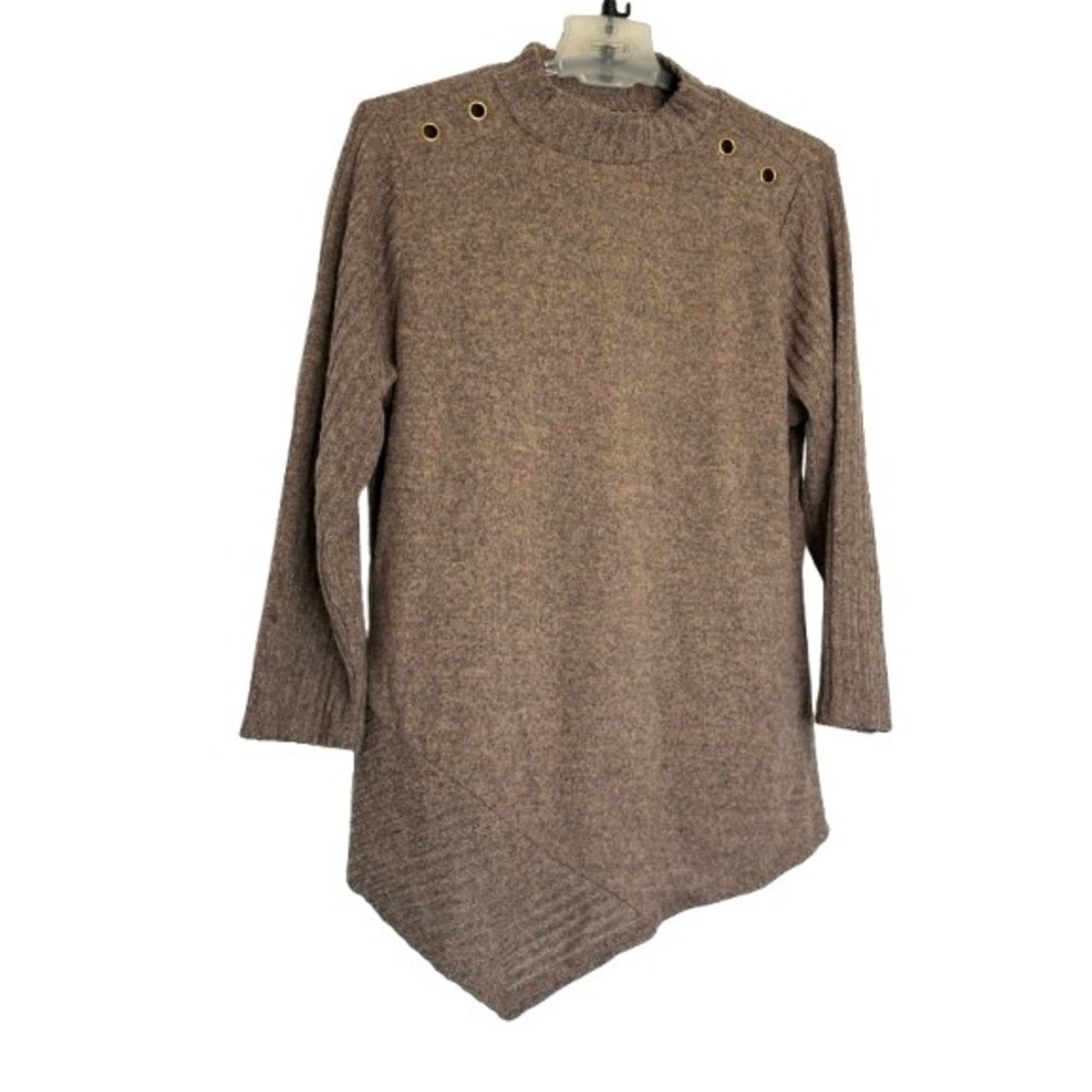 Adrienne Vittadini Brown Sweater‎ Asymmetric Hem Grommet Mock Neck Tunic M